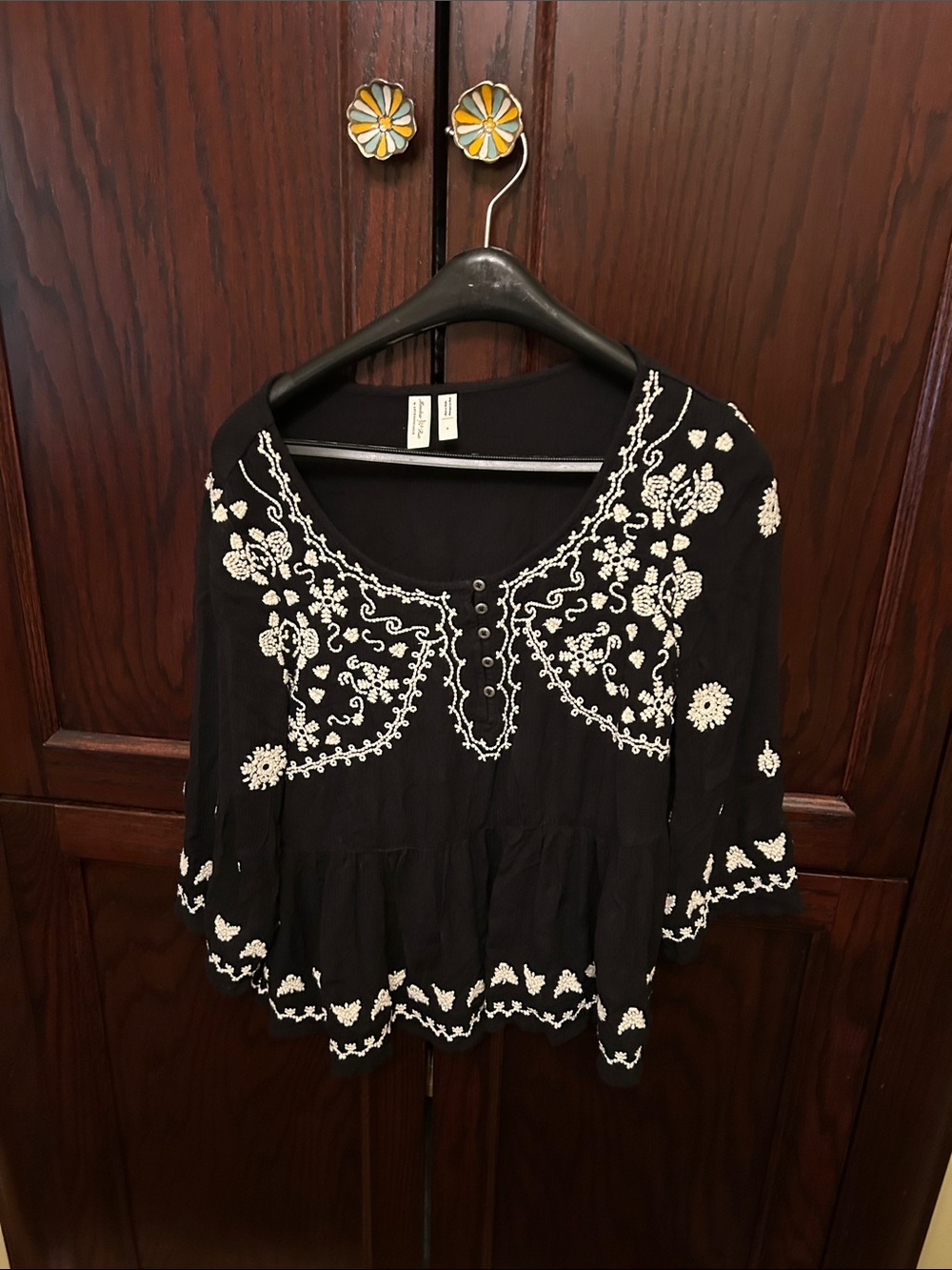 Meadow Rue Black Peasant Tunic with White Floral Embroidery